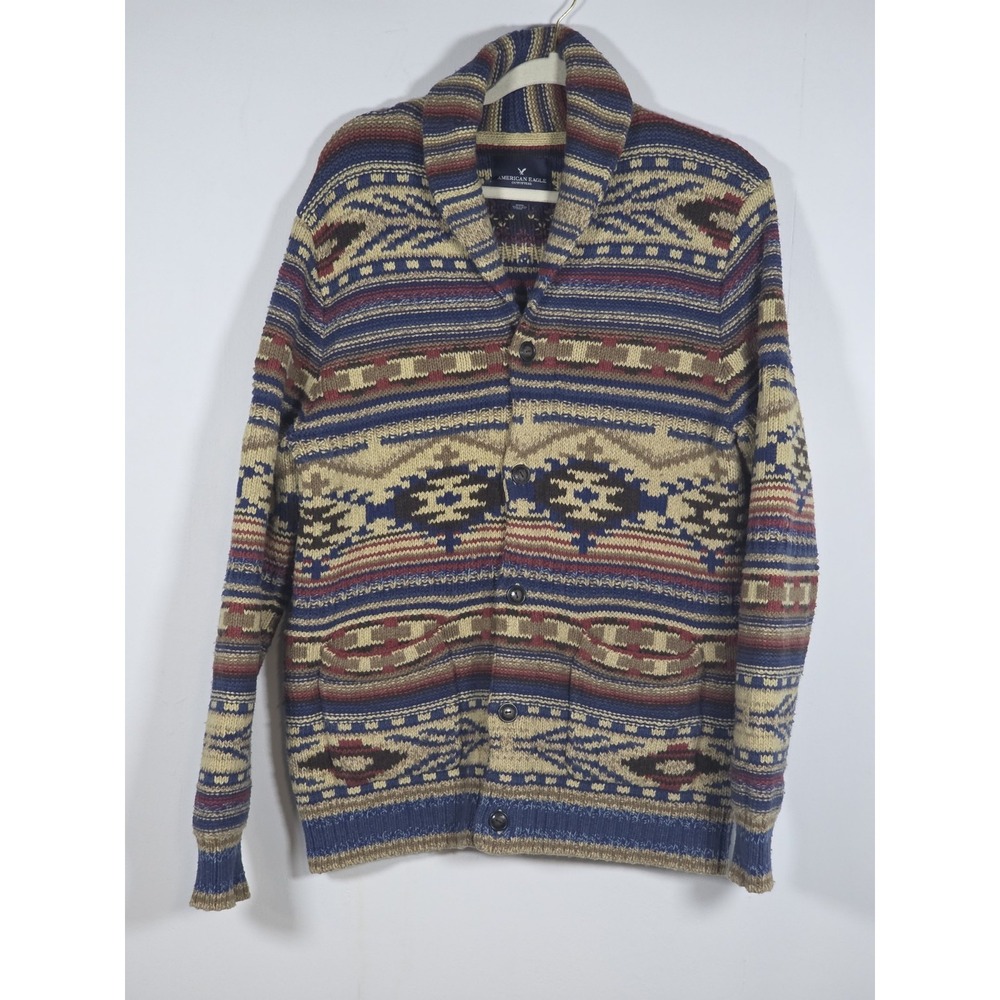 American Eagle Womens M Shawl Collar Fair Isle Cardigan Sweater Wool Knit Cozy